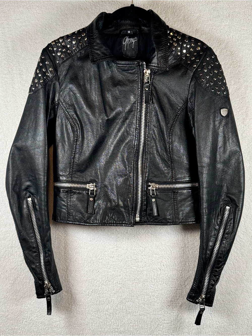 Mauritius Gypsy Black leather biker jacket W/ Studded Shoulders -Medium